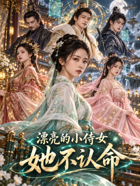 古装题材短剧海报，一袭青绿长裙的女子站在楼阁前