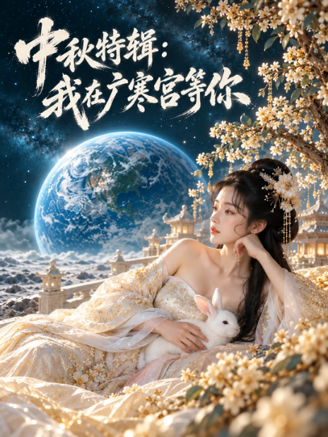 古装短剧海报，男子黑衣坐在三位女子中间