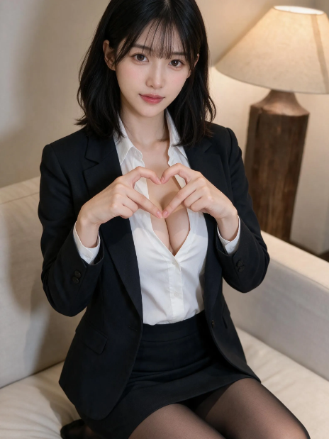短剧海报，穿西装的短发女子双手比心